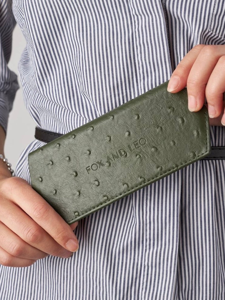 Fox and Leo Glasses Case : Olive Ostrich Print
