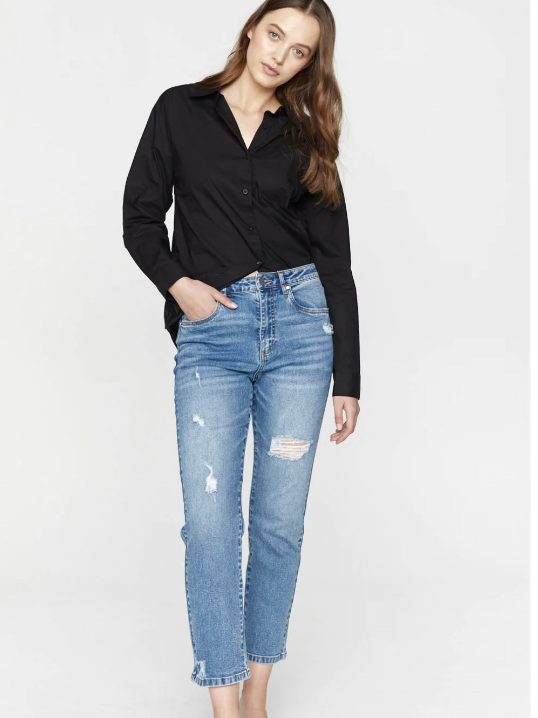 Saint Rose : Noelle Straight Leg Distressed Jean